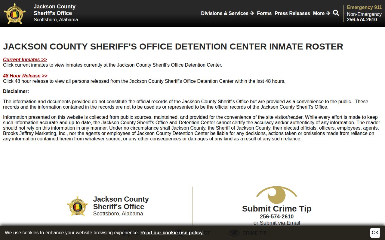 Jackson County released inmates roster landing page with current and 48 Hour Release options