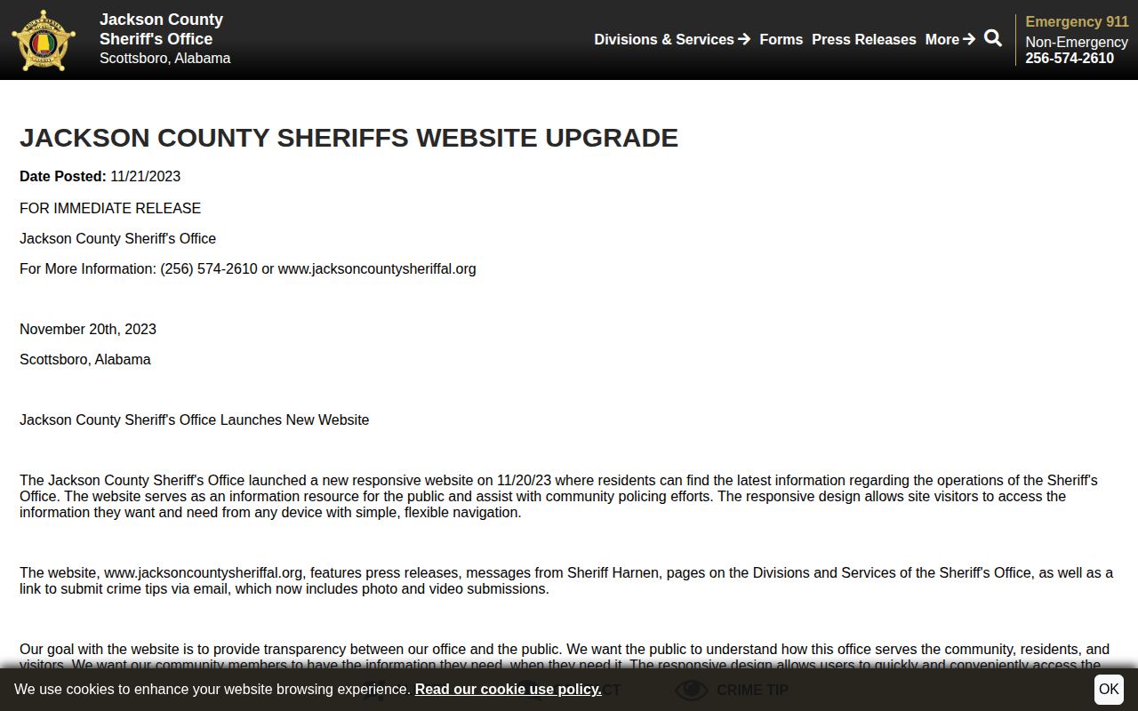 Jackson County Sheriff's Office responsive website announcement for release roster access